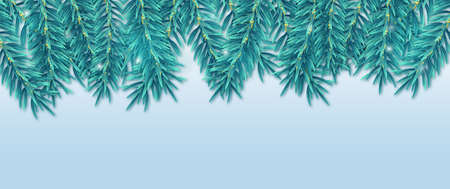 Christmas fir tree branches border on light background. Place for text. Vector illustrationのイラスト素材