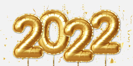 Happy New Year 2022. Banner with realistic golden balloons. Decorative design elements for poster,...