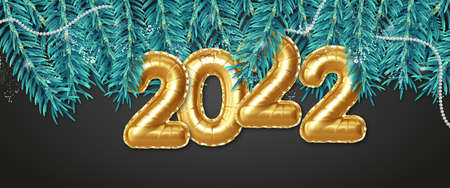 Happy New Year 2022. Gold foil balloons numeral 2022 with Christmas tree branchesのイラスト素材