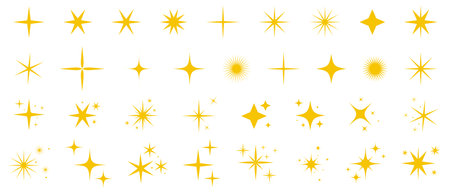 Set of yellow, gold star sparkles icons. Bright firework, decoration twinkle, shiny flash. Collection of glowing light effect stars and burstsのイラスト素材