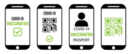 Set of vaccination passport in smartphone screen. Digital vaccination certificate. Mobile phone with...