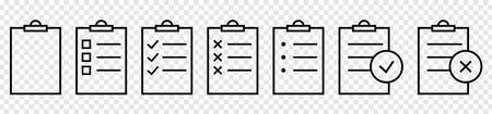 Clipboard checklist or document set. Line art style. Vector icons isolated on transparent backgroundのイラスト素材