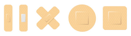 Elastic medical plasters. Adhesive bandage, called a sticking plaster collection. Vector illustration isolated on white background.のイラスト素材