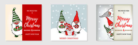Merry Christmas and Happy New Year greeting card set with cute gnomes and letteringのイラスト素材