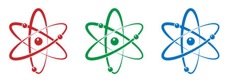 Atom icon in flat design. Set molecule symbol or atom symbol in different colors. Vector...
