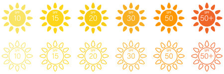 SPF sunscreen sun protection icons. Flat and line art style. Vector illustration isolated on white...