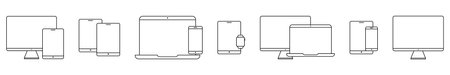 Device line icons. Laptop, smartphone, computer, tablet and watch gadgets. Vector illustration isolated on white backgroundのイラスト素材
