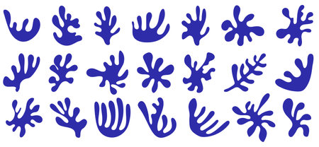 Set of blue hand drawn sea shapes in Matisse style. Vector illustration isolated on white backgroundのイラスト素材