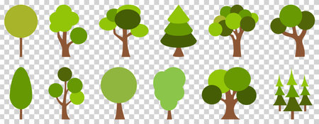 flat tree set. cartoon forest plants. Vector illustration isolated on transparent backgroundのイラスト素材