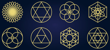 Mystical sacred geometry icon set. Spirituality, harmony concept. Vector illustration isolated on white backgroundのイラスト素材