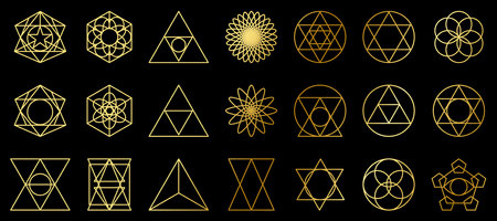 Set of sacred geometry icons in golden gradient. Geometry outline shapes isolated on black backgroundのイラスト素材