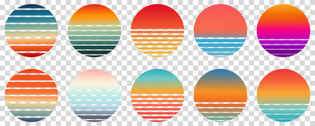retro sunset. Vintage colorful striped circles. Vector illustration isolated on transparent backgroundのイラスト素材