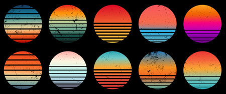 Retro sunset collection with gradient and grunge texture. Design for sticker, logo, icon, t-shirt or any purpose. vector illustrationのイラスト素材