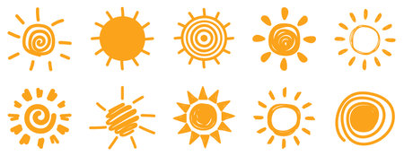 Set of doodle sun icons. Vector illustration isolated on white backgroundのイラスト素材