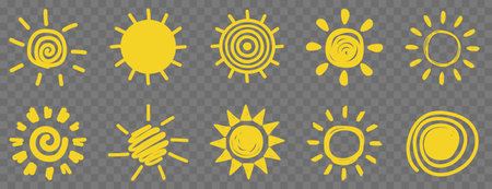 Set of yellow suns. Vector illustration isolated on transparent backgroundのイラスト素材
