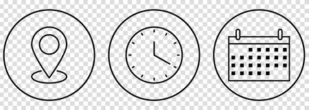 Time, date and address cirle line buttons. Vector illustration isolated on transparent backgroundのイラスト素材