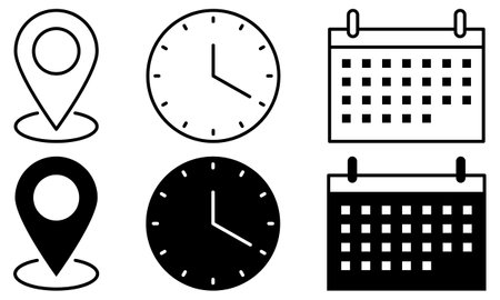 Time, date, and address vector icons. Event elements isolated on white backgroundのイラスト素材