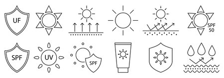 Sun protection outline icons. summer elements. Vector illustration isolated on white backgroundのイラスト素材