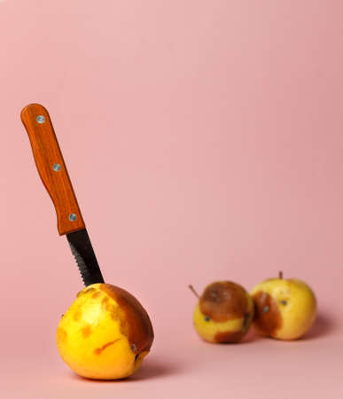 A spoiled Apple with a dark spot with a knife stuck in it, and two rotten fruit in the...