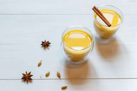 Golden, moon milk. Hot drink made from all kinds of milk, with spices, turmeric, cinnamon. It has...