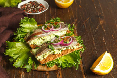 Rye crusty bread with herring fillet, cream cheese with herbs and slices of red onion. Two fish fillet sandwiches on lettuce leaves. Close-up, selective focus, copy of the spaceの写真素材