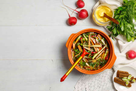 Traditional Russian cold soup, okroshka on kvass, with fresh cucumbers, radishes and herbs. In a...