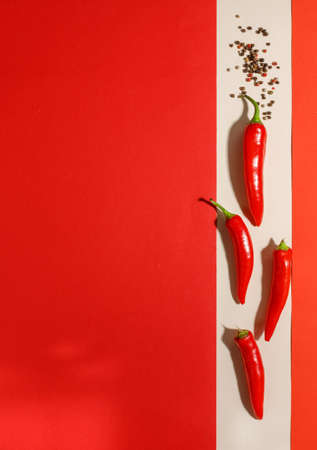 Pods of red hot pepper on a light and red background. Vertical frame with space, top view.
