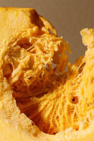 The texture of the pumpkin in the section. Macro photography. Hard light.の写真素材