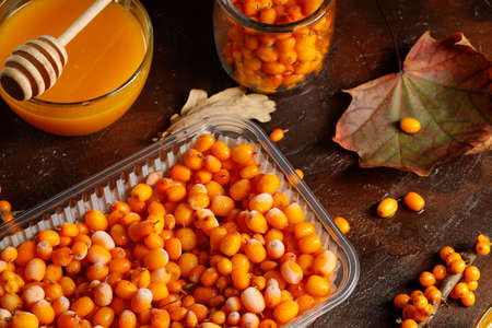 Frozen berries in a container. Seasonal berries can be stored in deep freeze and in the cold season to prepare fruit drinks and vitamin cocktailsの写真素材