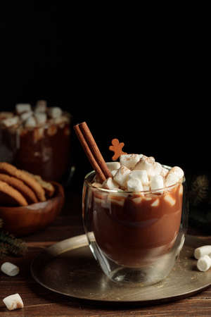 A fragrant winter drink, hot chocolate or cocoa with marshmallows and a cinnamon stick, in a glass glass, cookies and fir branches in the background. Low key, Selective focusの写真素材