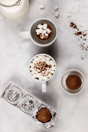 Chocolate balls with marshmallow and cocoa powder for making a delicious hot drink. The trend in the preparation of cocoa. flat layの写真素材