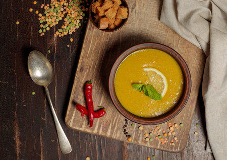 Thick lentil soup with mint and hot pepper. Flatlay on a dark wooden background