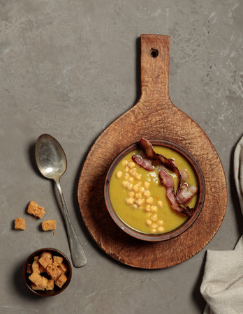 Cream soup of chickpeas, lentils and toasted bacon. Top view on a gray background, with a wooden board, spoon and crackersの写真素材