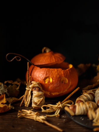 Halloween party. Pumpkin with a muzzle, sausages in dough and snacks made of cheese and salted crackers. Halloween Treatsの写真素材