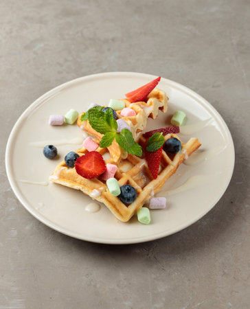 Sweet Belgian waffle with berries and marshmallows. Close-up, isolate.の写真素材