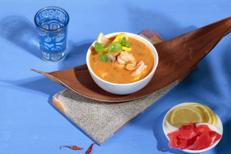 Hot and sour soup with shrimp, chicken, fish or other seafood. National dish of Laos and Thailand....