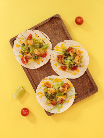 tortillas with vegetables and meat on a wooden board. On a yellow background, top view.の写真素材