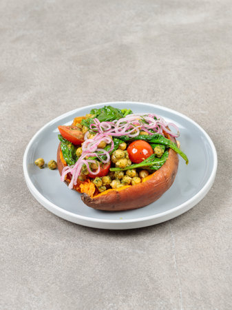 Baked sweet potato with chickpeas, tomatoes, spinach and red onion. Close-up, on a gray background.の写真素材