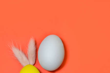Yellow bunny easter egg with gray egg lying on coral backround