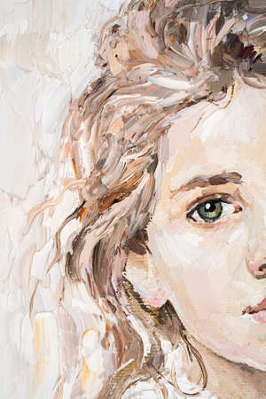 The painting is created in oil with expressive brush strokes. A young girl is depicted on a beige background.の写真素材