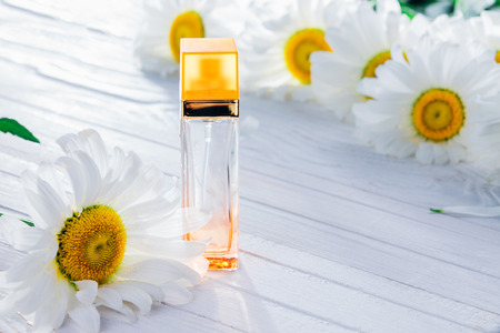 Bottle of perfume with camomile on white backgroundの写真素材