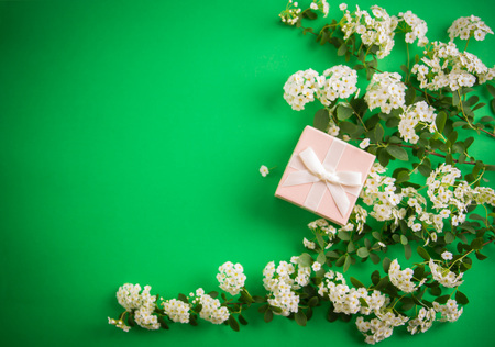 Gift box with flowers on green backgroundの写真素材