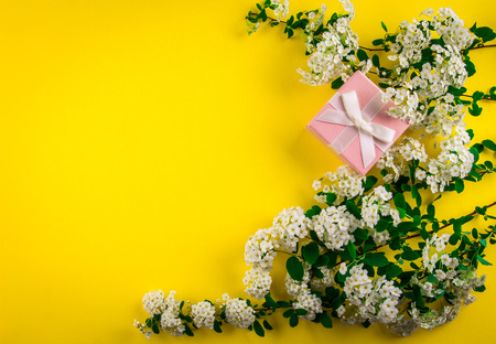 Gift box with flowers on yellow backgroundの写真素材