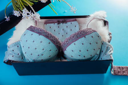 Set of female underwear in the gift box with spring flowers on blue background. A present for a Women's Dayの写真素材