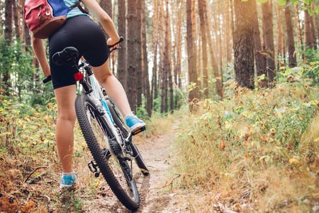 Young woman riding a bicycle in the forest at sunsetの写真素材