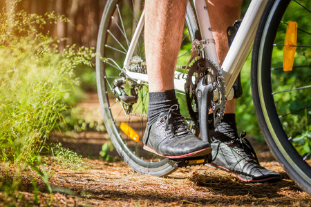 Young bicyclist riding in the forest in the morningの写真素材