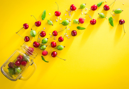 Juice ingredients on yellow backgroundの写真素材
