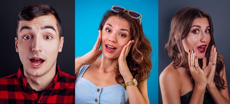 Three portraits of excited and surprised young man and women. Emotions concept. Studio shotの写真素材