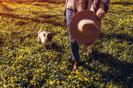 Woman walking pug dog in spring forest. Happy puppy running among yellow flowers in the morning. Dog having funの写真素材