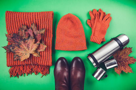 Autumn female outfit. Set of clothes, shoes and accessories on green backgroundの写真素材